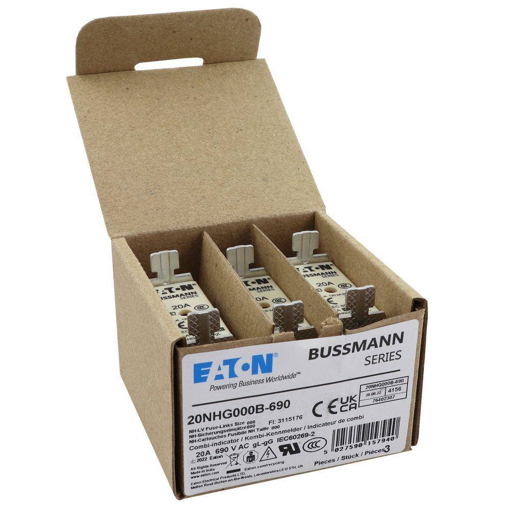 Bussmann 20NHG000B-690 Size 000 Dual Indicator Low Voltage NH Fuse Link, 690 V, 20 A, For Use With Class C gG/gL Fuse, Ceramic