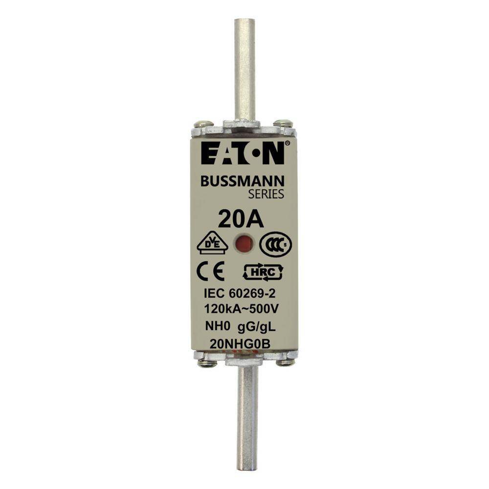 Bussmann 20NHG0B Size 0 Dual Indicator Low Voltage NH Fuse Link, 500 V, 20 A, For Use With Class C/gG/gL Fuse, Ceramic