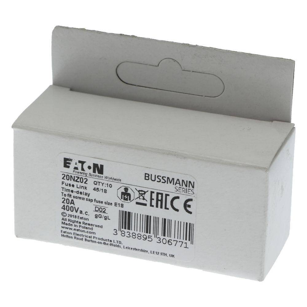 Edison 20NZ02 NZ Series Type D0 Time Delay Neozed Fuse, 20 A, 400 VAC, 50 kA Interrupt, Class: gG/gL, Cartridge Body