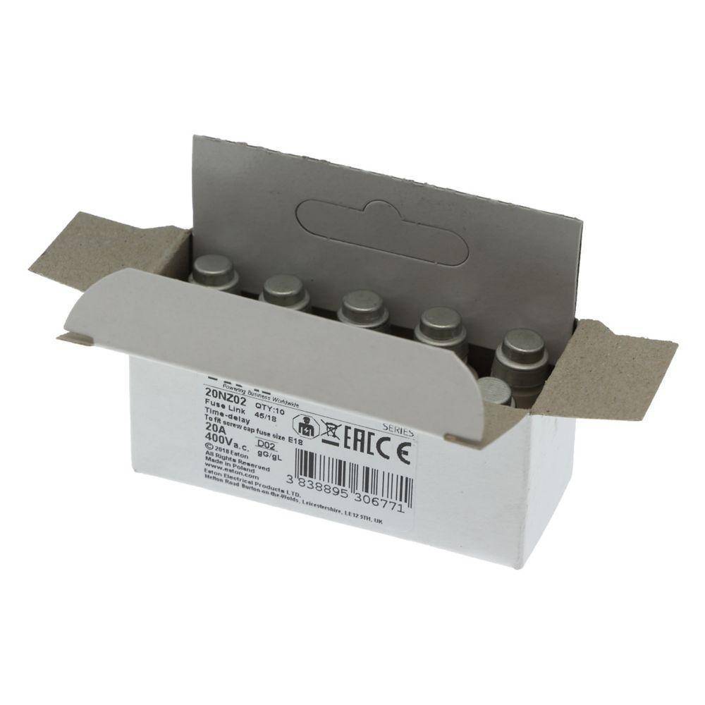 Edison 20NZ02 NZ Series Type D0 Time Delay Neozed Fuse, 20 A, 400 VAC, 50 kA Interrupt, Class: gG/gL, Cartridge Body