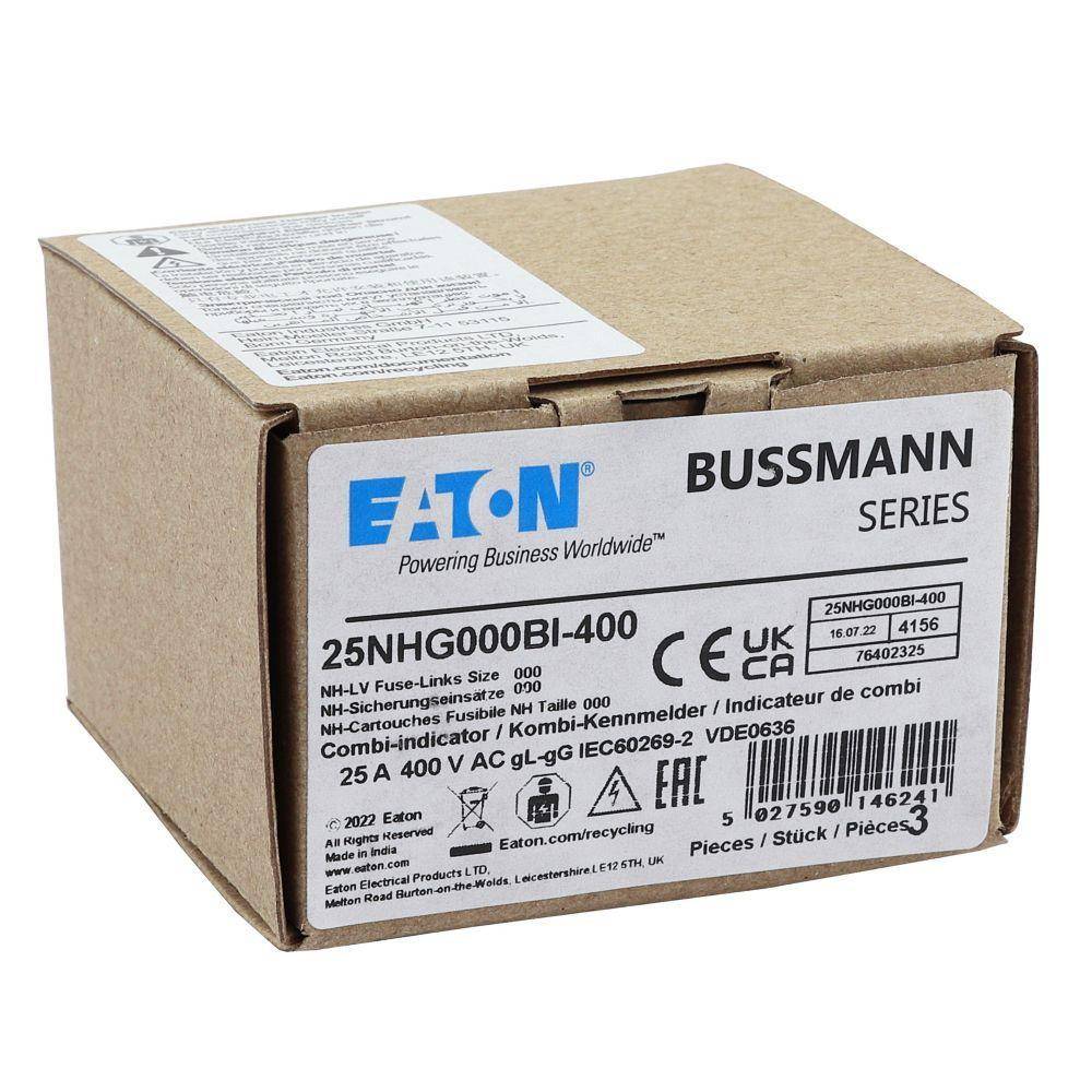 Bussmann 25NHG000BI-400 Size 000 Dual Indicator Low Voltage NH Fuse Link, 400 V, 25 A, For Use With Class C/gG/gL Fuse, Ceramic