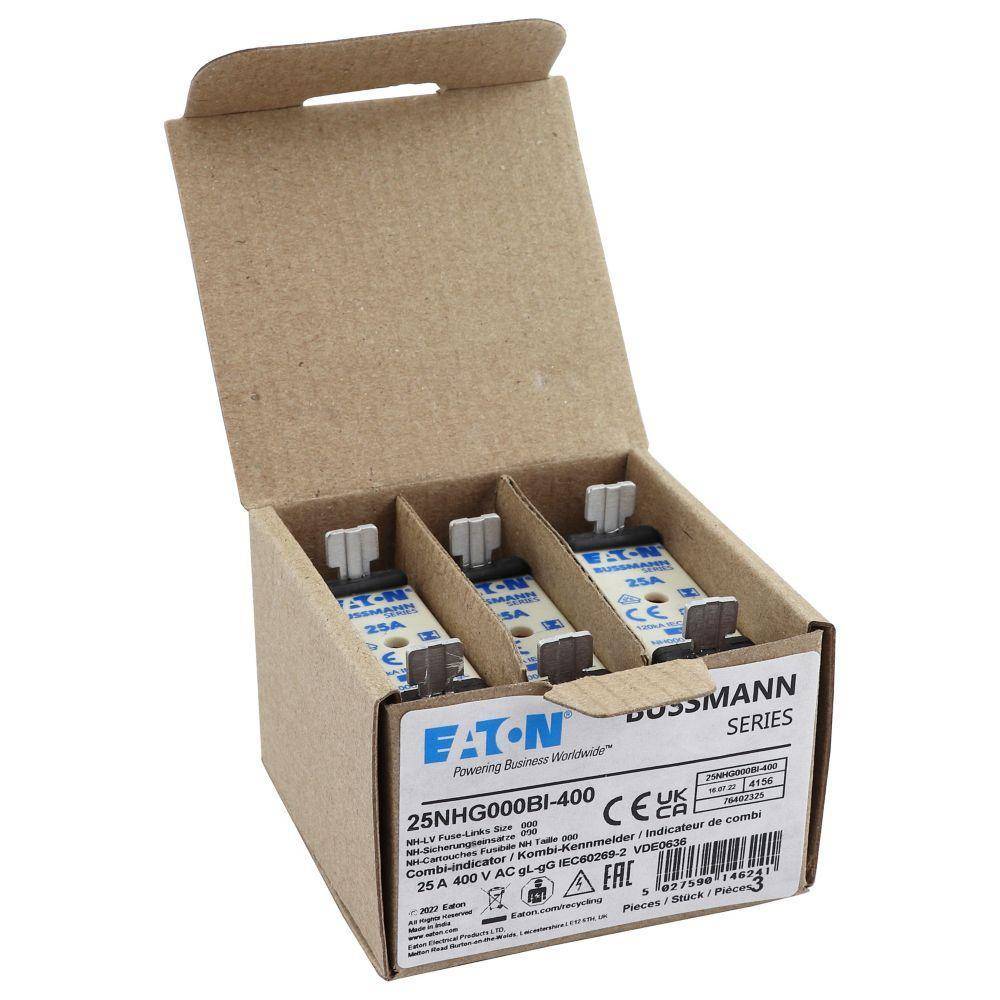 Bussmann 25NHG000BI-400 Size 000 Dual Indicator Low Voltage NH Fuse Link, 400 V, 25 A, For Use With Class C/gG/gL Fuse, Ceramic