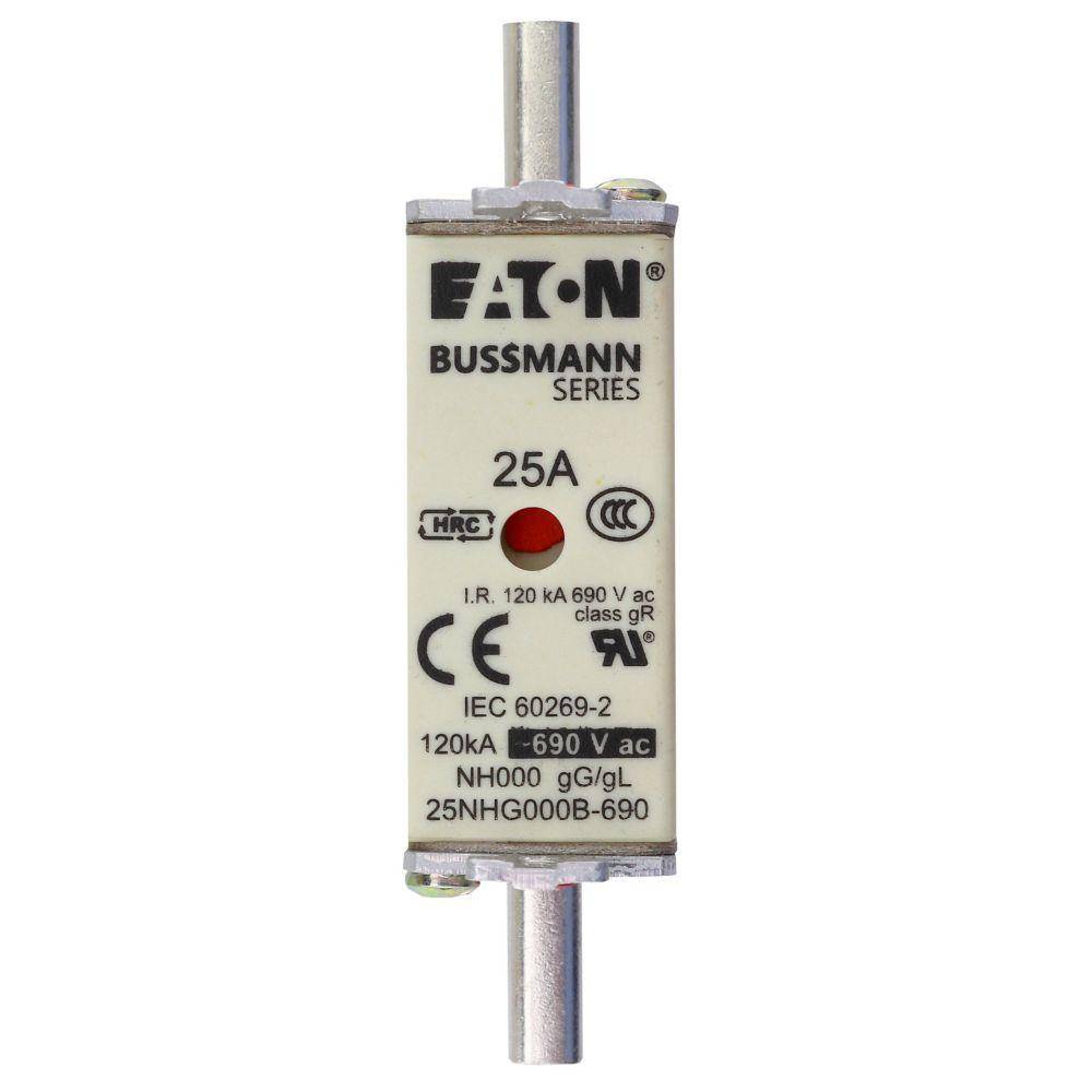 Bussmann 25NHG000B-690 Size 000 Dual Indicator Low Voltage NH Fuse Link, 690 V, 25 A, For Use With Class C gG/gL Fuse, Ceramic
