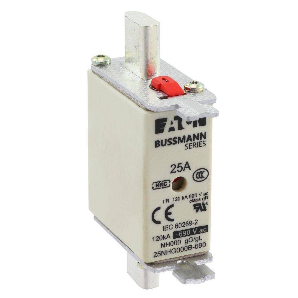 Bussmann 25NHG000B-690 Size 000 Dual Indicator Low Voltage NH Fuse Link, 690 V, 25 A, For Use With Class C gG/gL Fuse, Ceramic
