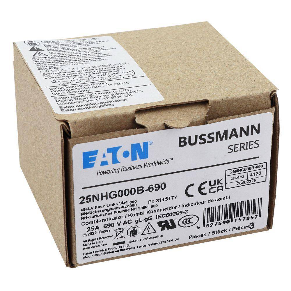 Bussmann 25NHG000B-690 Size 000 Dual Indicator Low Voltage NH Fuse Link, 690 V, 25 A, For Use With Class C gG/gL Fuse, Ceramic