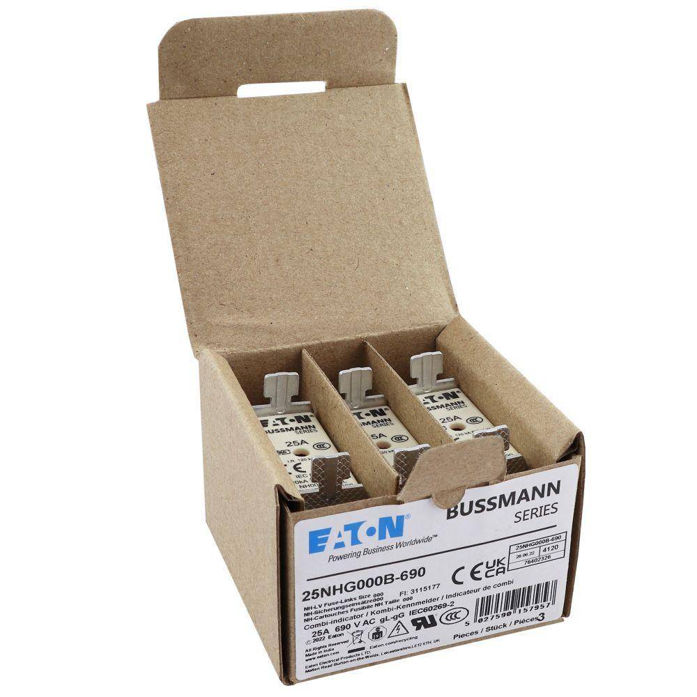 Bussmann 25NHG000B-690 Size 000 Dual Indicator Low Voltage NH Fuse Link, 690 V, 25 A, For Use With Class C gG/gL Fuse, Ceramic