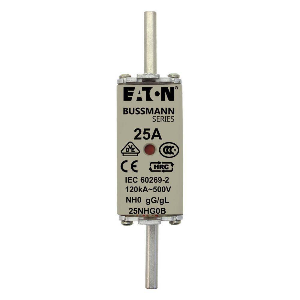 Bussmann 25NHG0B Size 0 Dual Indicator Low Voltage NH Fuse Link, 500 V, 25 A, For Use With Class C gG/gL Fuse, Ceramic
