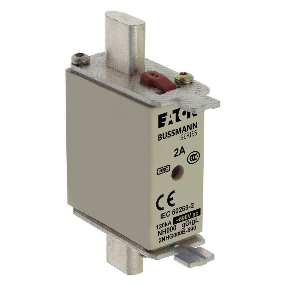Edison 2NHG000B-690 Fuse Link With Metal Gripping Lug, 690 VAC, 2 A, For Use With Class gG/gL 000 Size Fuse