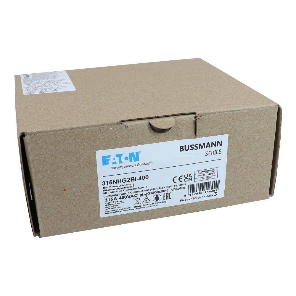 Bussmann 315NHG2BI-400 Dual Indicator Low Voltage Size 2 NH Fuse Link, 400 V, 315 A, For Use With Class C/gG/gL Fuse, Ceramic