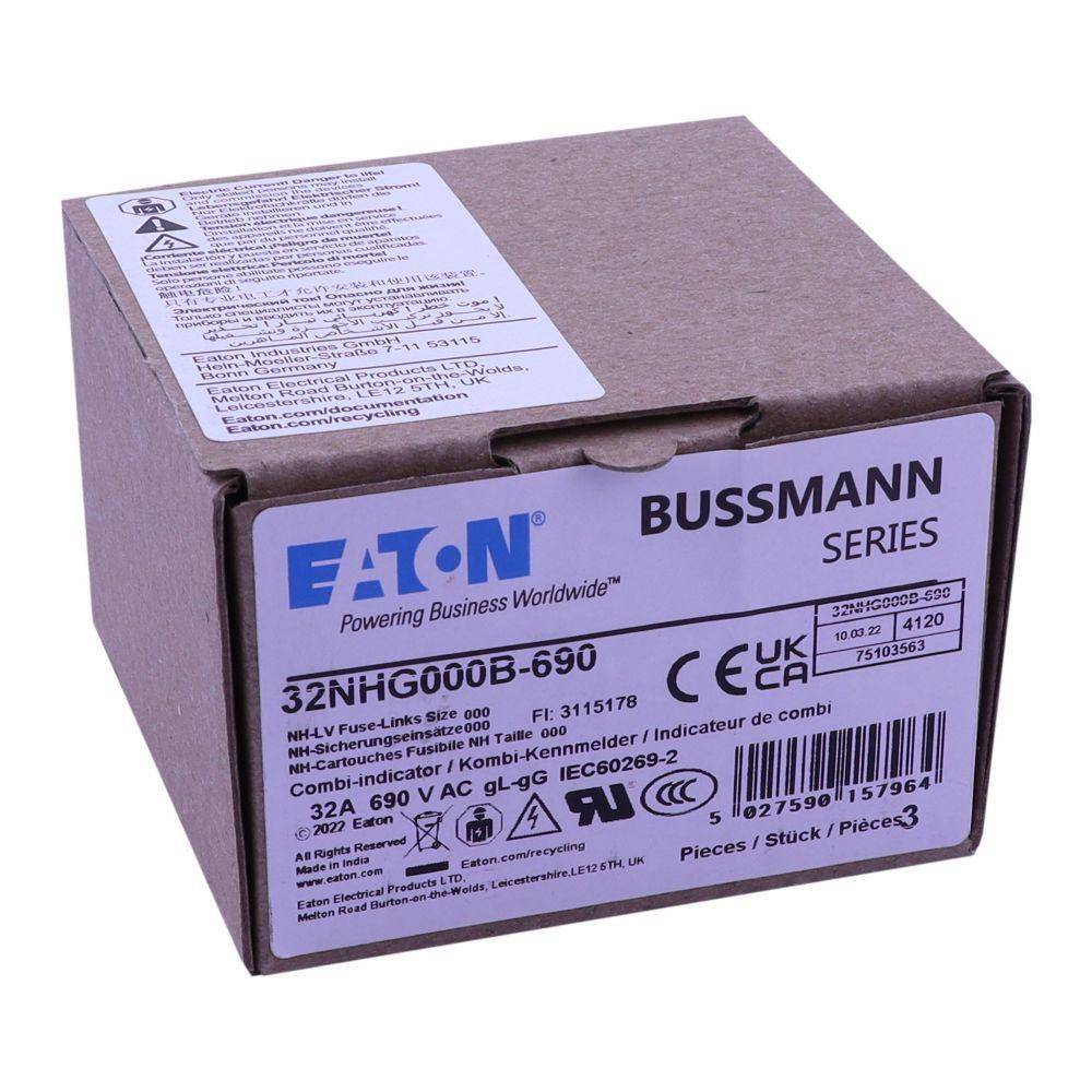 Bussmann 32NHG000B-690 Size 000 Dual Indicator Low Voltage NH Fuse Link, 690 V, 32 A, For Use With Class C gG/gL Fuse, Ceramic