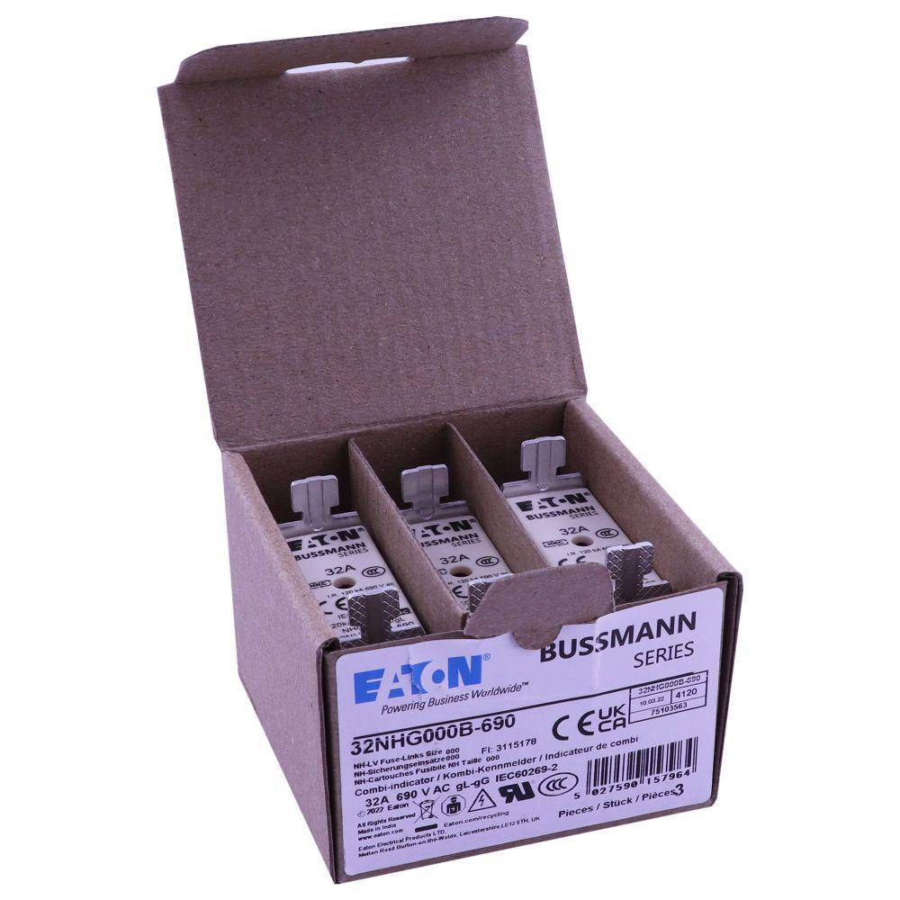 Bussmann 32NHG000B-690 Size 000 Dual Indicator Low Voltage NH Fuse Link, 690 V, 32 A, For Use With Class C gG/gL Fuse, Ceramic