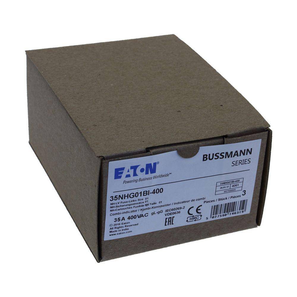Bussmann 35NHG01BI-400 Size 01 Dual Indicator Low Voltage NH Fuse Link, 400 V, 35 A, For Use With Class C/gG/gL Fuse, Ceramic