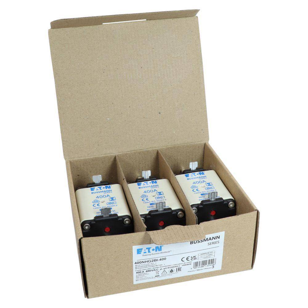 Bussmann 400NHG2BI-400 Dual Indicator Low Voltage Size 2 NH Fuse Link, 400 V, 400 A, For Use With Class C/gG/gL Fuse, Ceramic