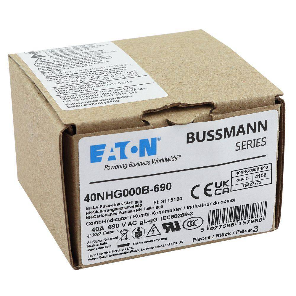 Bussmann 40NHG000B-690 Size 000 Dual Indicator Low Voltage NH Fuse Link, 690 V, 40 A, For Use With Class C gG/gL Fuse, Ceramic