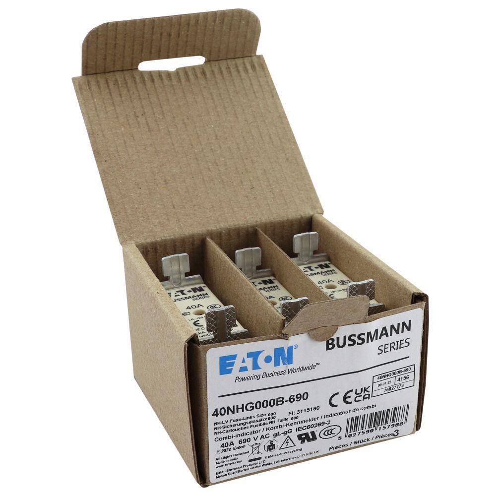 Bussmann 40NHG000B-690 Size 000 Dual Indicator Low Voltage NH Fuse Link, 690 V, 40 A, For Use With Class C gG/gL Fuse, Ceramic