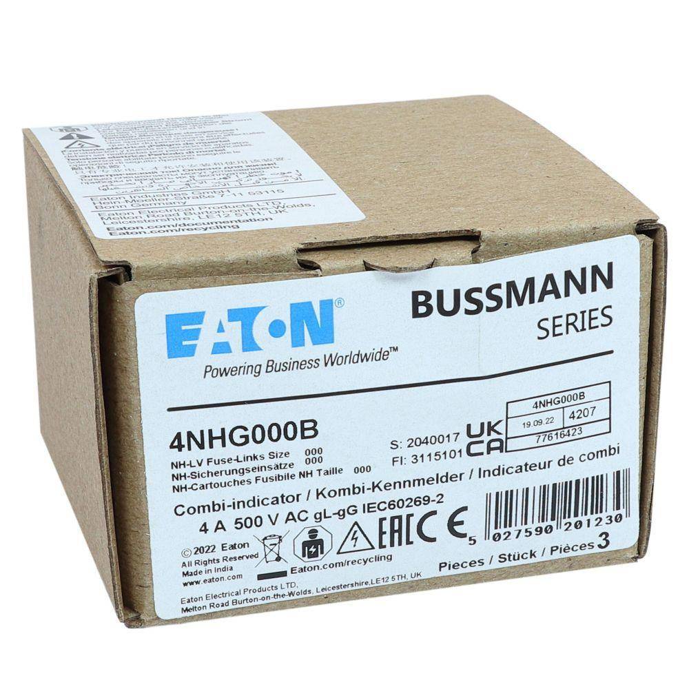 Bussmann 4NHG000B Size 000 Dual Indicator Low Voltage NH Fuse Link, 500 V, 4 A, For Use With Class C gG/gL Fuse, Ceramic