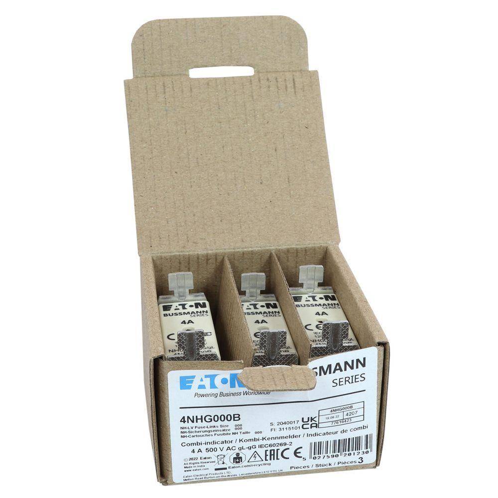 Bussmann 4NHG000B Size 000 Dual Indicator Low Voltage NH Fuse Link, 500 V, 4 A, For Use With Class C gG/gL Fuse, Ceramic