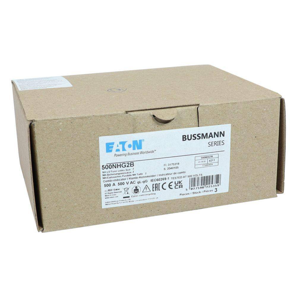 Bussmann 500NHG2B Dual Indicator Low Voltage Size 2 NH Fuse Link, 500 V, 500 A, For Use With Class C/gG/gL Fuse, Ceramic