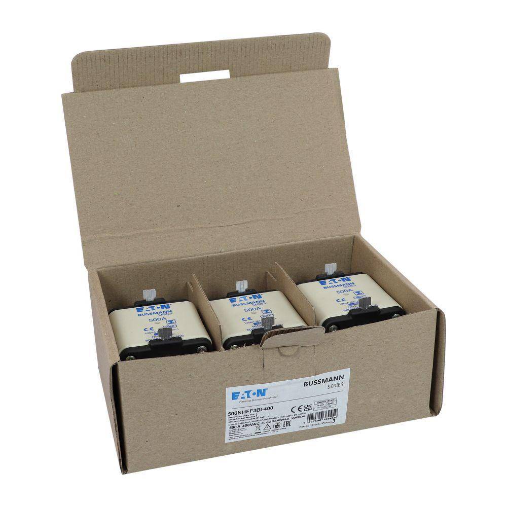 Bussmann 500NHG3BI-400 Dual Indicator Low Voltage Size 03 NH Fuse Link, 400 V, 500 A, For Use With Class C/gG/gL Fuse, Ceramic
