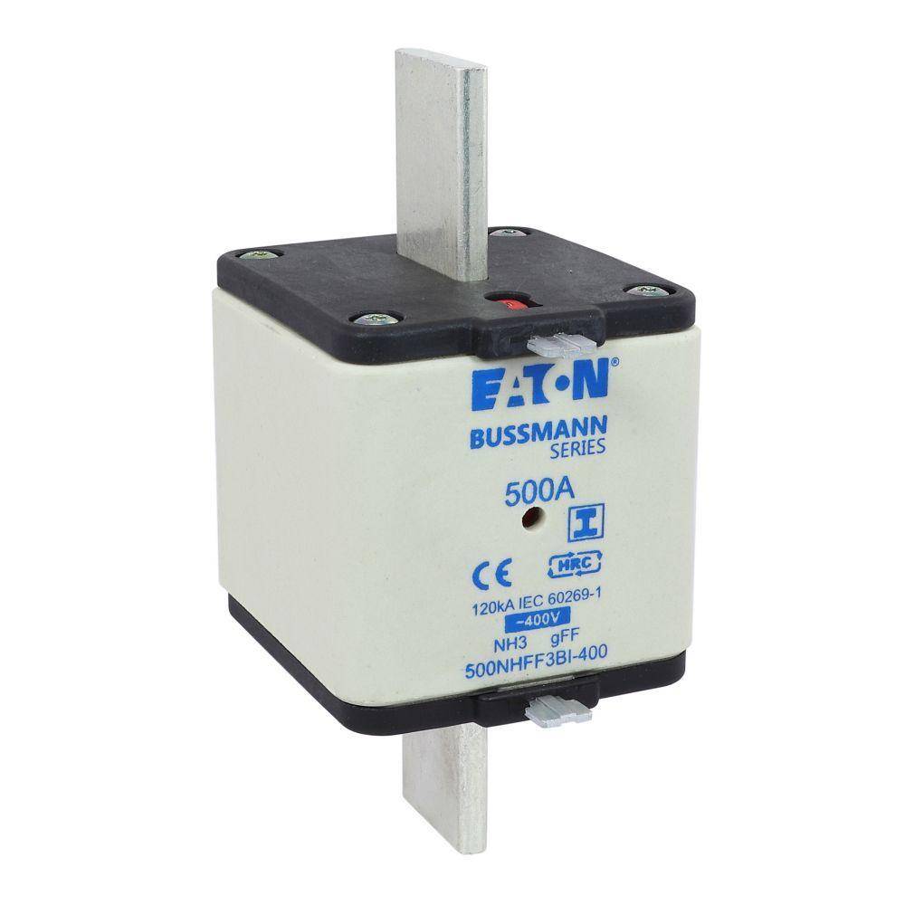 Bussmann 500NHG3BI-400 Dual Indicator Low Voltage Size 03 NH Fuse Link, 400 V, 500 A, For Use With Class C/gG/gL Fuse, Ceramic