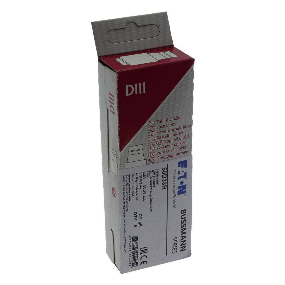 Edison 50D33R D Series Non-Indicating Ultra Rapid Fuse, 500 VAC, 50 A