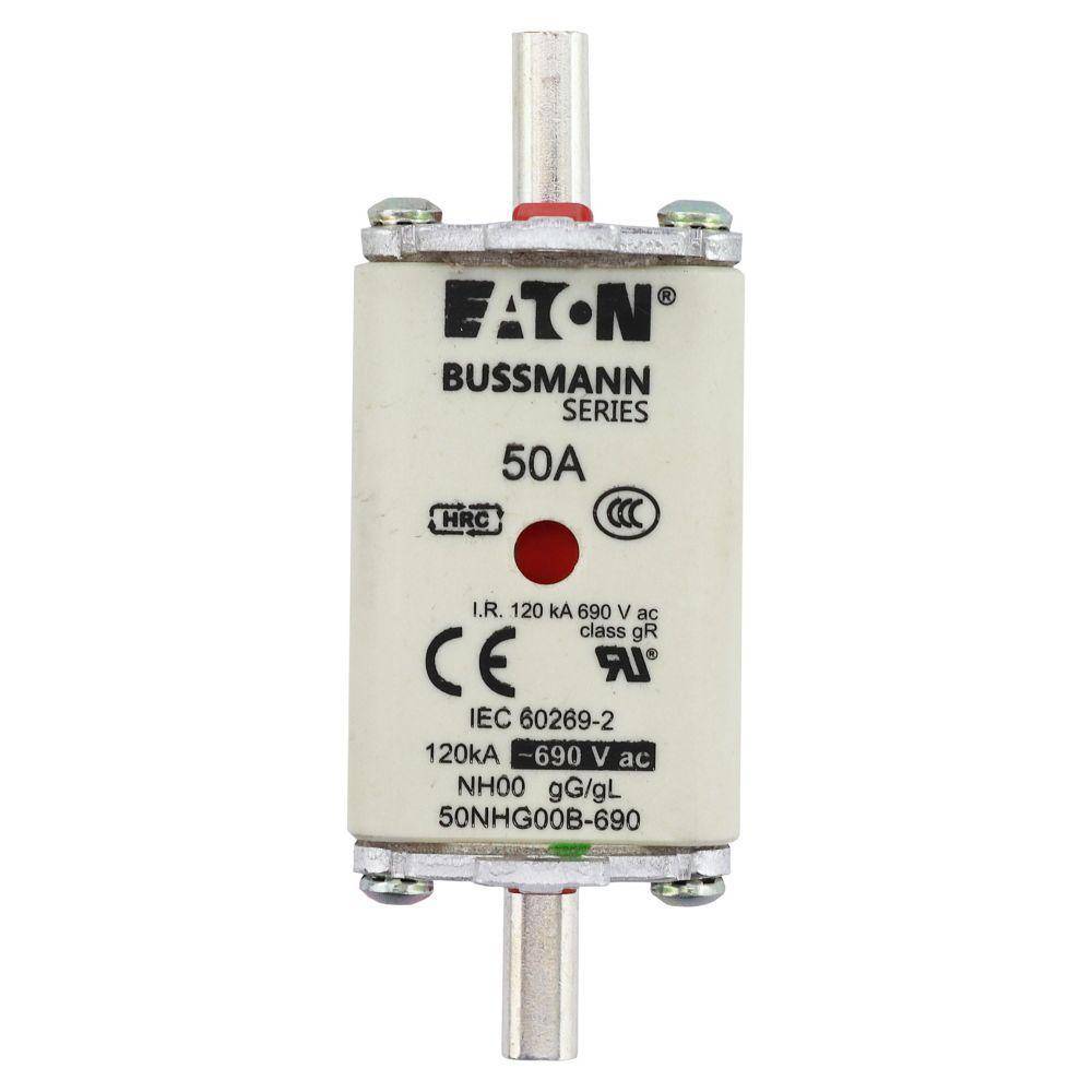 Bussmann 50NHG00B-690 Size 00 Dual Indicator Low Voltage NH Fuse Link, 690 V, 50 A, For Use With NH Series Photovoltaic Fuse, Class C gG/gL Fuse, Ceramic