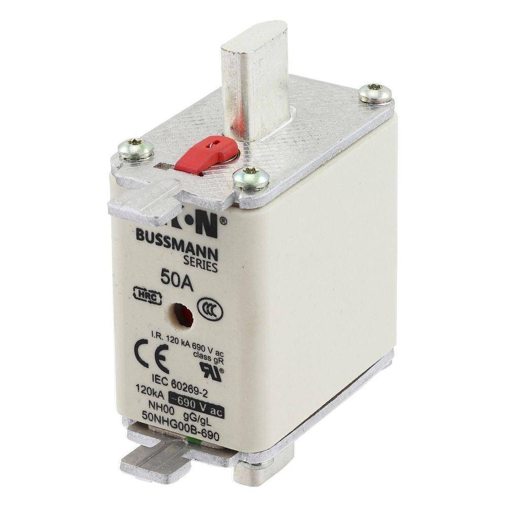 Bussmann 50NHG00B-690 Size 00 Dual Indicator Low Voltage NH Fuse Link, 690 V, 50 A, For Use With NH Series Photovoltaic Fuse, Class C gG/gL Fuse, Ceramic