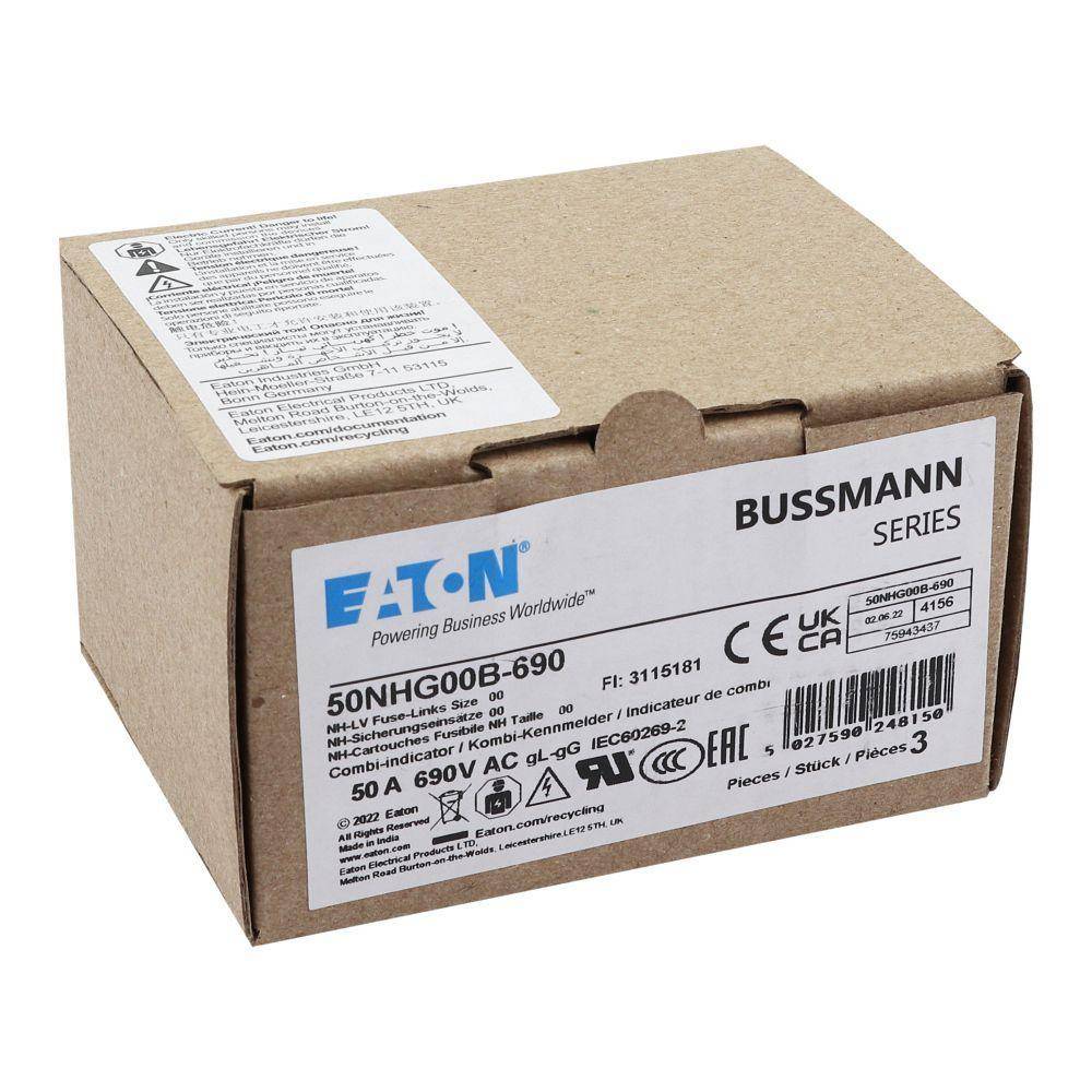 Bussmann 50NHG00B-690 Size 00 Dual Indicator Low Voltage NH Fuse Link, 690 V, 50 A, For Use With NH Series Photovoltaic Fuse, Class C gG/gL Fuse, Ceramic