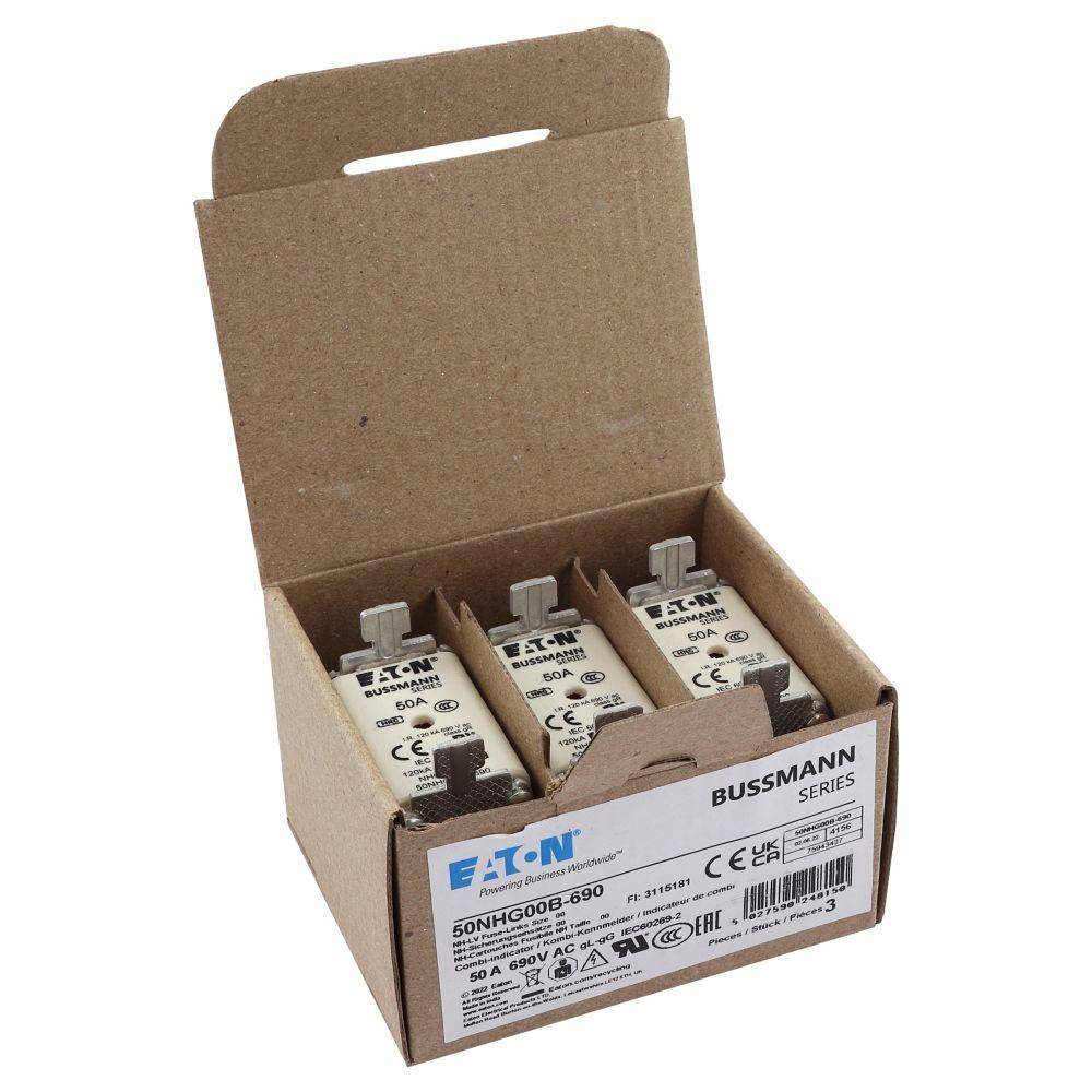 Bussmann 50NHG00B-690 Size 00 Dual Indicator Low Voltage NH Fuse Link, 690 V, 50 A, For Use With NH Series Photovoltaic Fuse, Class C gG/gL Fuse, Ceramic
