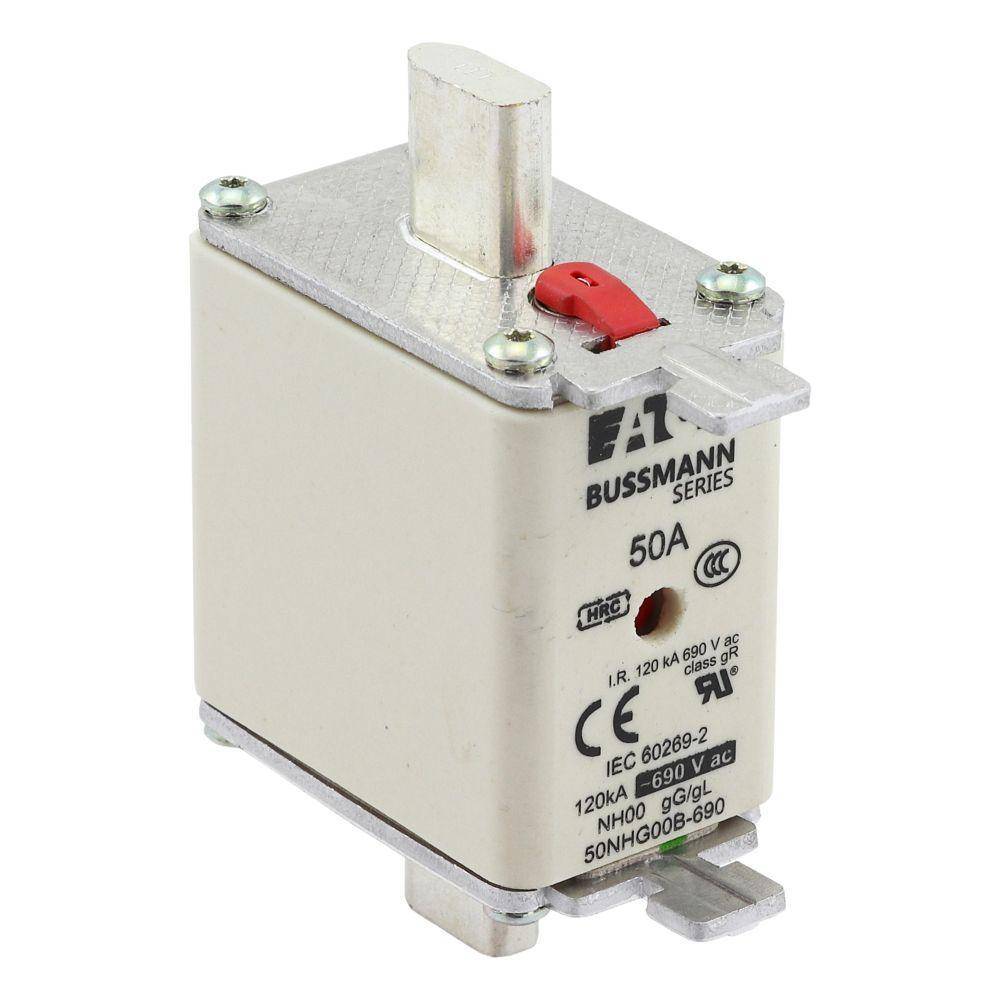 Bussmann 50NHG00B-690 Size 00 Dual Indicator Low Voltage NH Fuse Link, 690 V, 50 A, For Use With NH Series Photovoltaic Fuse, Class C gG/gL Fuse, Ceramic