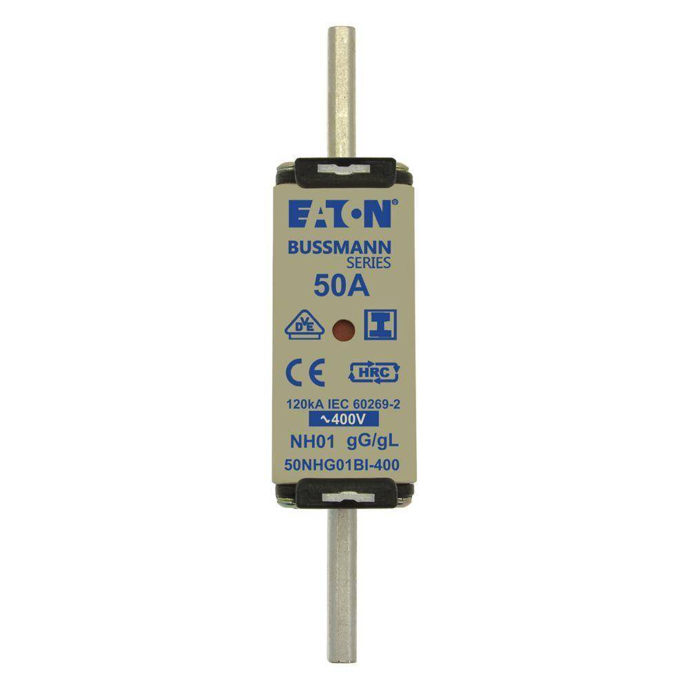 Bussmann 50NHG01BI-400 Size 01 Dual Indicator Low Voltage NH Fuse Link, 400 V, 50 A, For Use With Class C/gG/gL Fuse, Ceramic