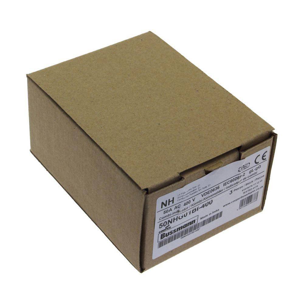 Bussmann 50NHG01BI-400 Size 01 Dual Indicator Low Voltage NH Fuse Link, 400 V, 50 A, For Use With Class C/gG/gL Fuse, Ceramic