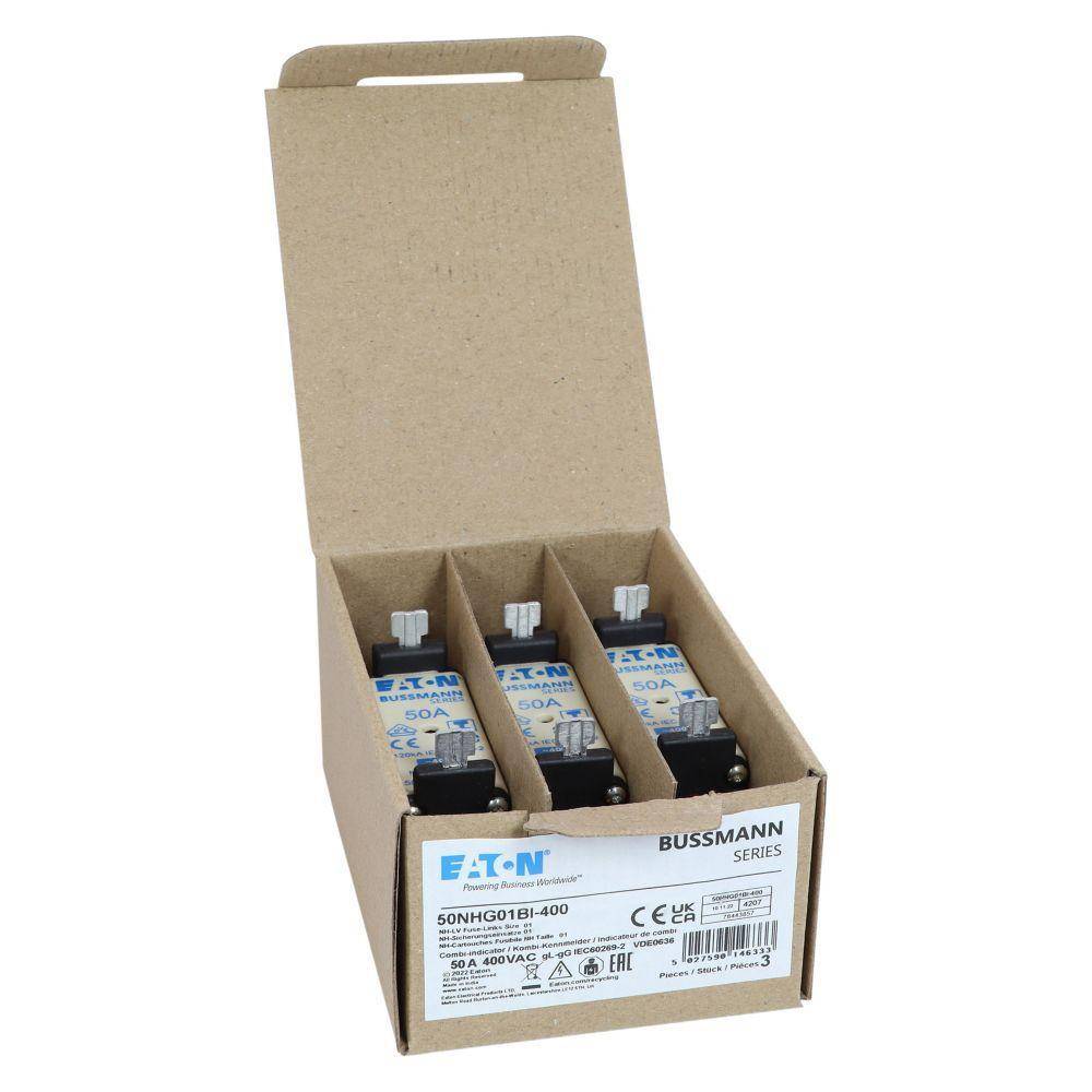 Bussmann 50NHG01BI-400 Size 01 Dual Indicator Low Voltage NH Fuse Link, 400 V, 50 A, For Use With Class C/gG/gL Fuse, Ceramic