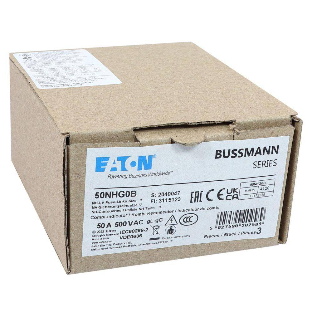 Bussmann 50NHG0B Size 0 Dual Indicator Low Voltage NH Fuse Link, 500 V, 50 A, For Use With Class C/gG/gL Fuse, Ceramic