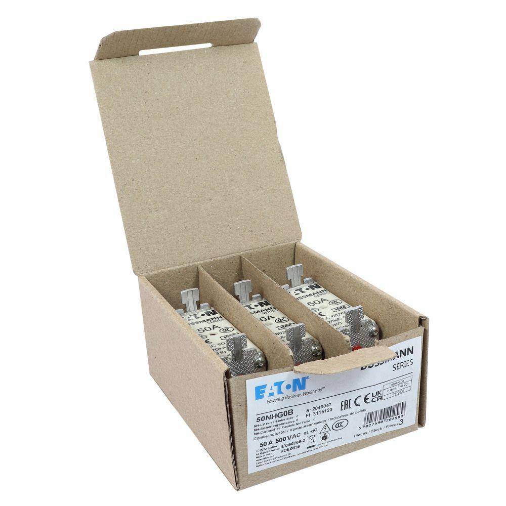 Bussmann 50NHG0B Size 0 Dual Indicator Low Voltage NH Fuse Link, 500 V, 50 A, For Use With Class C/gG/gL Fuse, Ceramic