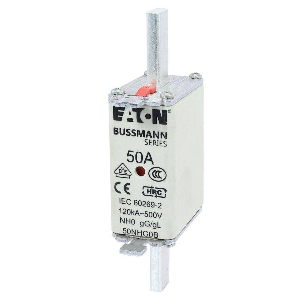 Bussmann 50NHG0B Size 0 Dual Indicator Low Voltage NH Fuse Link, 500 V, 50 A, For Use With Class C/gG/gL Fuse, Ceramic