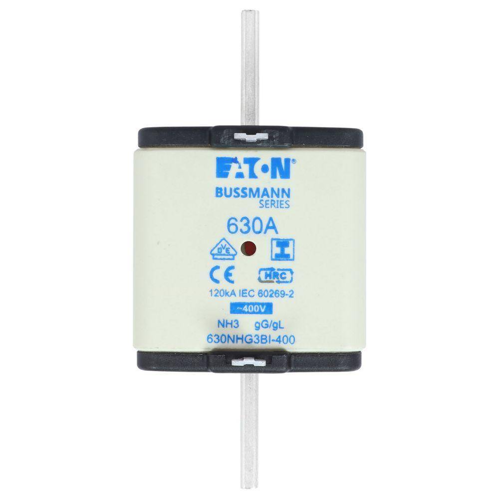 Bussmann 630NHG3BI-400 Dual Indicator Low Voltage Size 03 NH Fuse Link, 400 V, 630 A, For Use With Class C/gG/gL Fuse, Ceramic