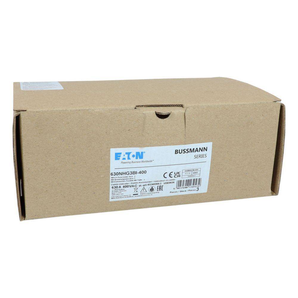 Bussmann 630NHG3BI-400 Dual Indicator Low Voltage Size 03 NH Fuse Link, 400 V, 630 A, For Use With Class C/gG/gL Fuse, Ceramic