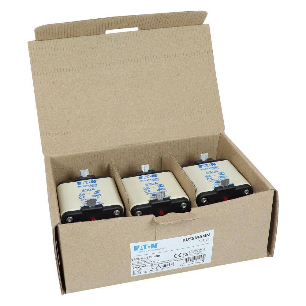 Bussmann 630NHG3BI-400 Dual Indicator Low Voltage Size 03 NH Fuse Link, 400 V, 630 A, For Use With Class C/gG/gL Fuse, Ceramic