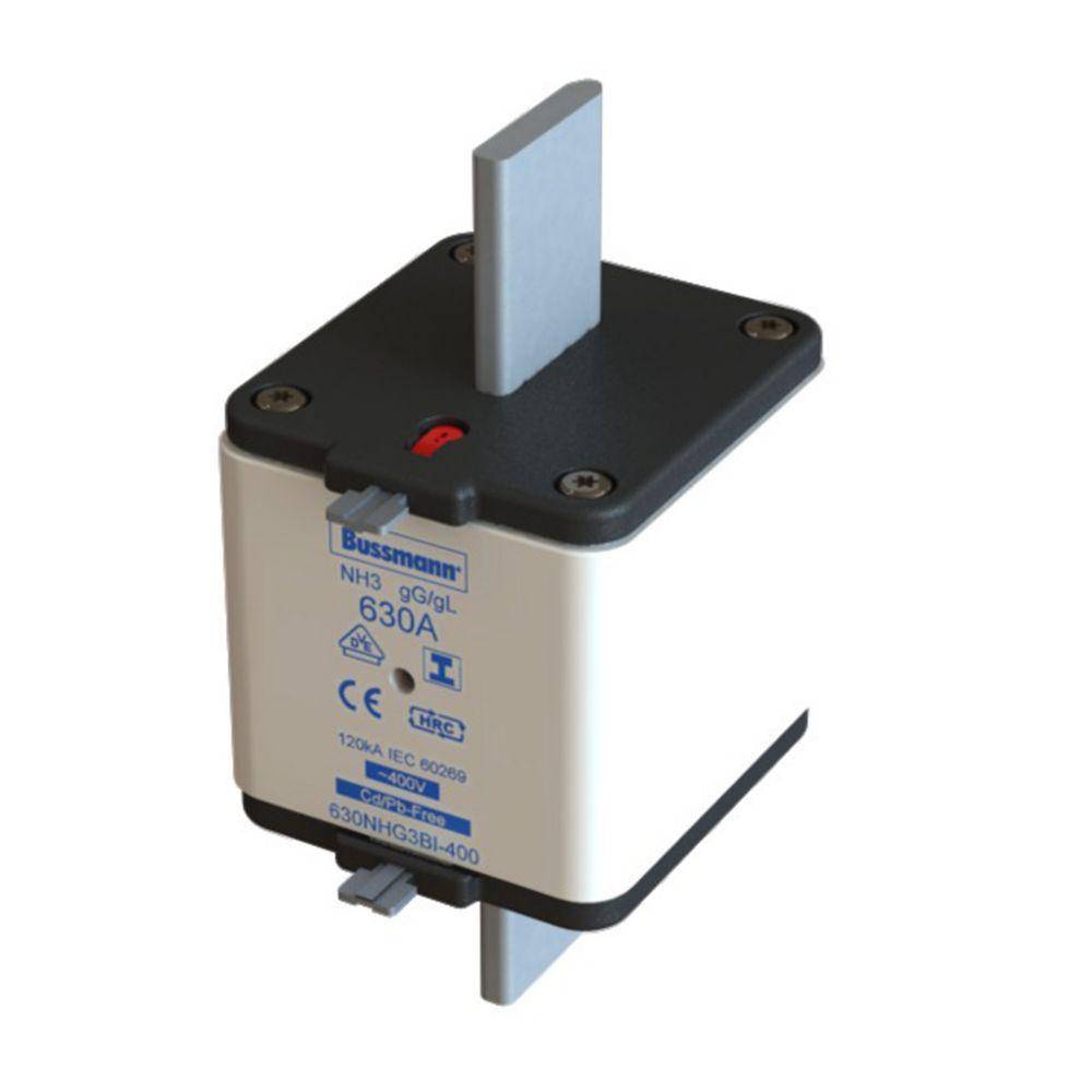 Bussmann 630NHG3BI-400 Dual Indicator Low Voltage Size 03 NH Fuse Link, 400 V, 630 A, For Use With Class C/gG/gL Fuse, Ceramic