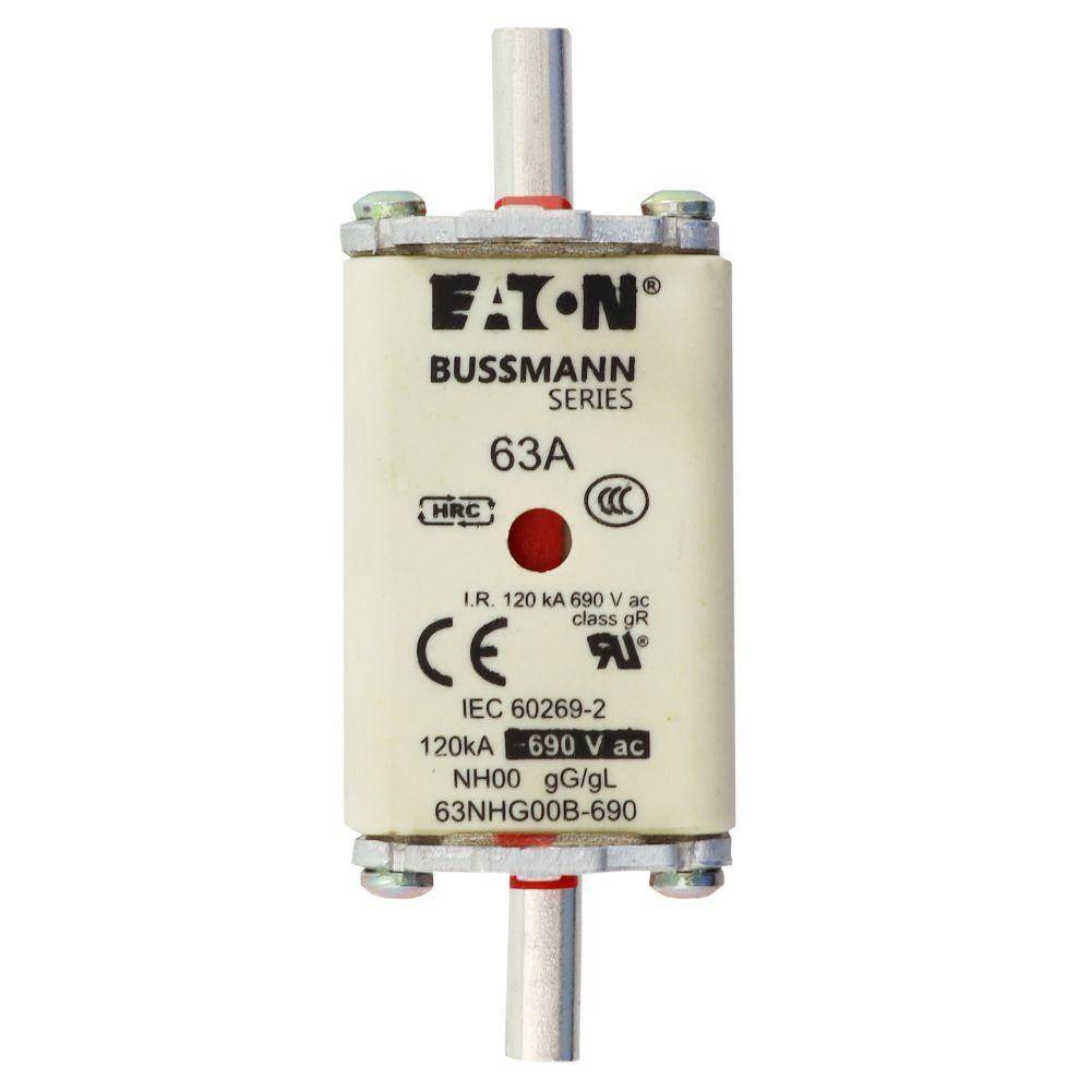 Bussmann 63NHG00B-690 NH Series Size 00 Dual Indicator Low Voltage Fuse Link, 690 VAC, 63 A, For Use With NH Series Photovoltaic Fuse, Class C gG/gL Fuse, Ceramic