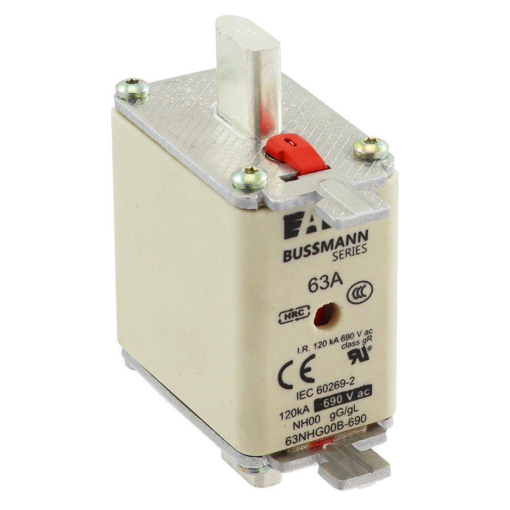 Bussmann 63NHG00B-690 NH Series Size 00 Dual Indicator Low Voltage Fuse Link, 690 VAC, 63 A, For Use With NH Series Photovoltaic Fuse, Class C gG/gL Fuse, Ceramic