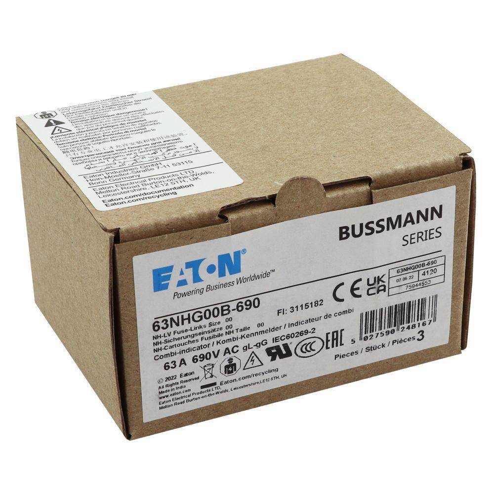 Bussmann 63NHG00B-690 NH Series Size 00 Dual Indicator Low Voltage Fuse Link, 690 VAC, 63 A, For Use With NH Series Photovoltaic Fuse, Class C gG/gL Fuse, Ceramic