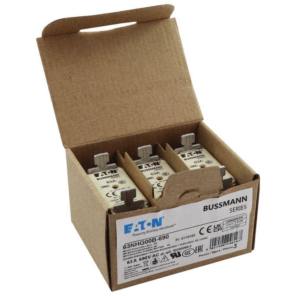 Bussmann 63NHG00B-690 NH Series Size 00 Dual Indicator Low Voltage Fuse Link, 690 VAC, 63 A, For Use With NH Series Photovoltaic Fuse, Class C gG/gL Fuse, Ceramic