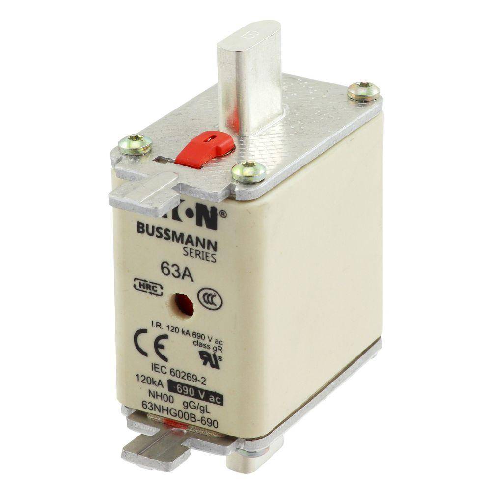 Bussmann 63NHG00B-690 NH Series Size 00 Dual Indicator Low Voltage Fuse Link, 690 VAC, 63 A, For Use With NH Series Photovoltaic Fuse, Class C gG/gL Fuse, Ceramic