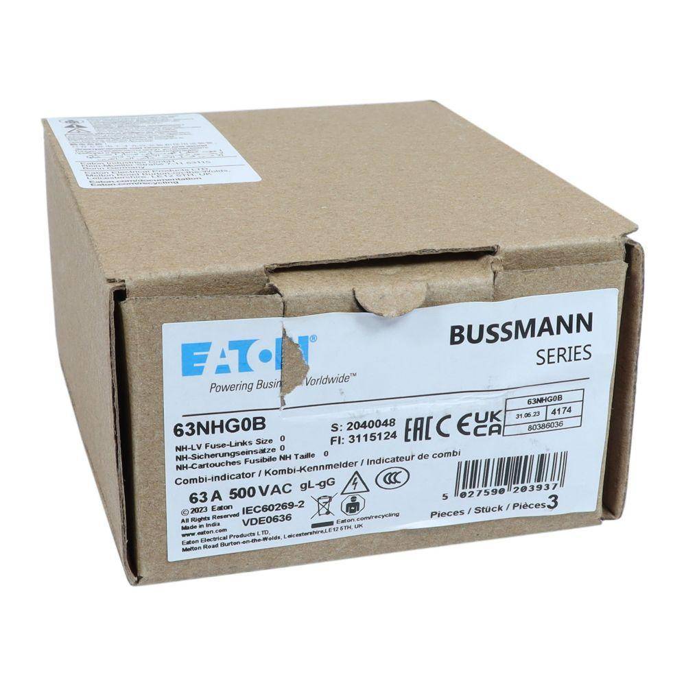 Bussmann 63NHG0B Size 0 Dual Indicator Low Voltage NH Fuse Link, 500 V, 63 A, For Use With Class C/gG/gL Fuse, Ceramic