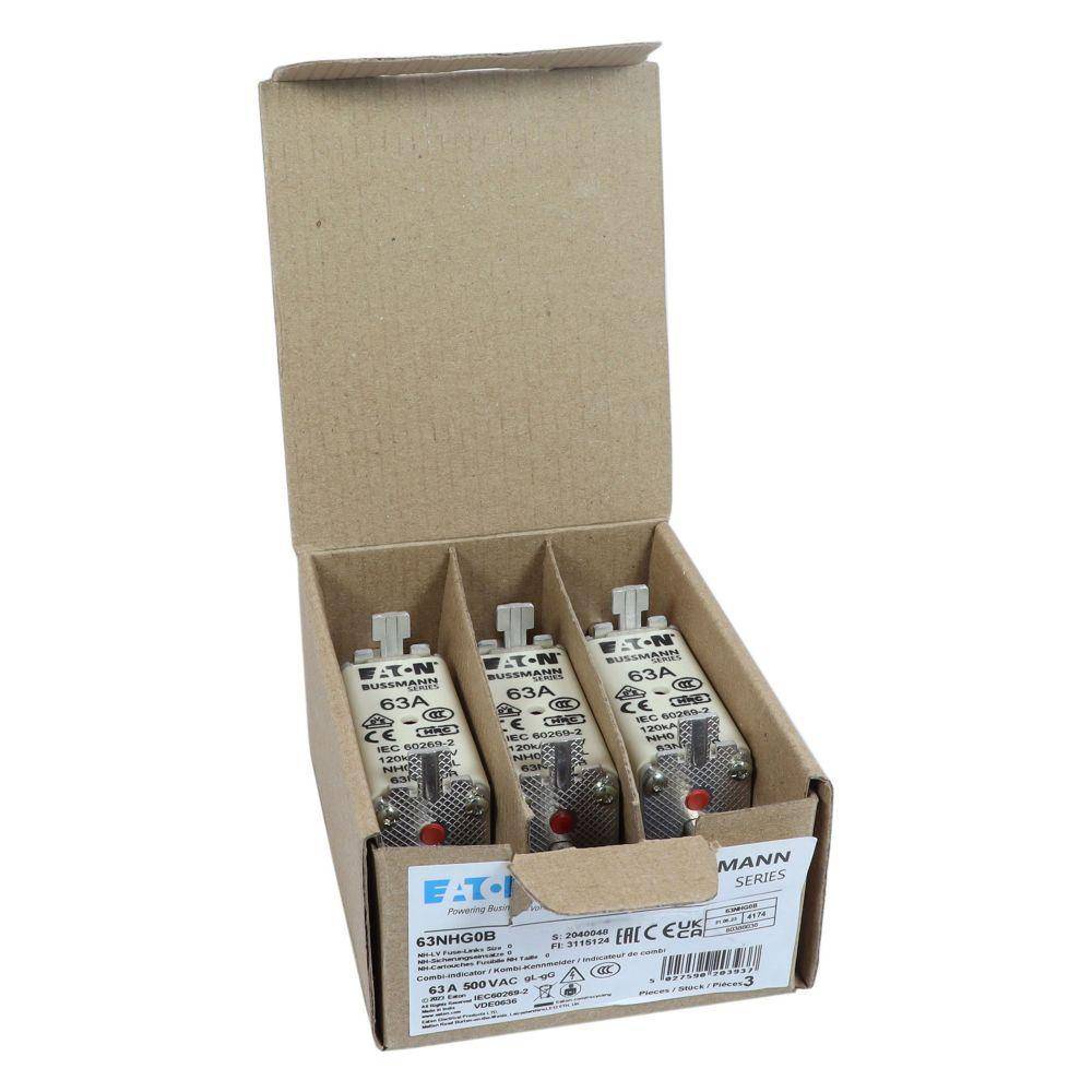 Bussmann 63NHG0B Size 0 Dual Indicator Low Voltage NH Fuse Link, 500 V, 63 A, For Use With Class C/gG/gL Fuse, Ceramic
