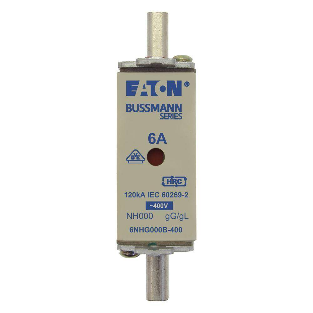 Bussmann 6NHG000B-400 Size 000 Dual Indicator Low Voltage NH Fuse Link, 400 V, 6 A, For Use With Class C/gG/gL Fuse, Ceramic
