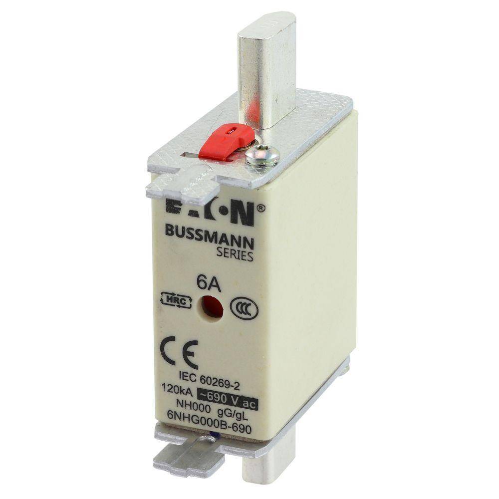 Bussmann 6NHG000B-690 Size 000 Dual Indicator Low Voltage NH Fuse Link, 690 V, 6 A, For Use With Class C/gG/gL Fuse, Ceramic