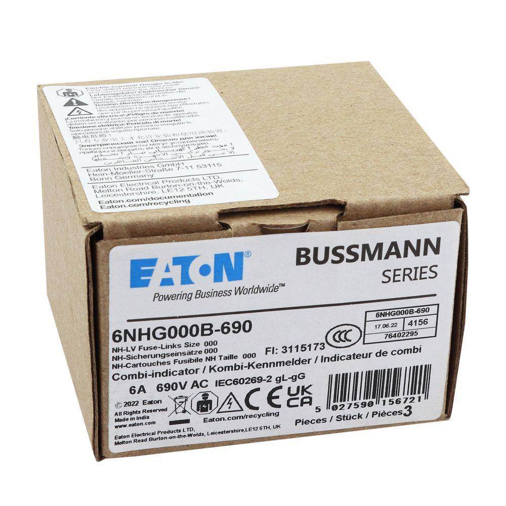 Bussmann 6NHG000B-690 Size 000 Dual Indicator Low Voltage NH Fuse Link, 690 V, 6 A, For Use With Class C/gG/gL Fuse, Ceramic